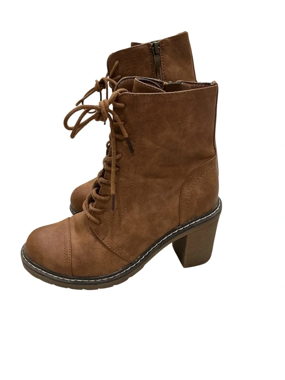 Olivia Miller Lace Up Ankle Booties Tan Brown Chunky Heel Side Zip Size 6